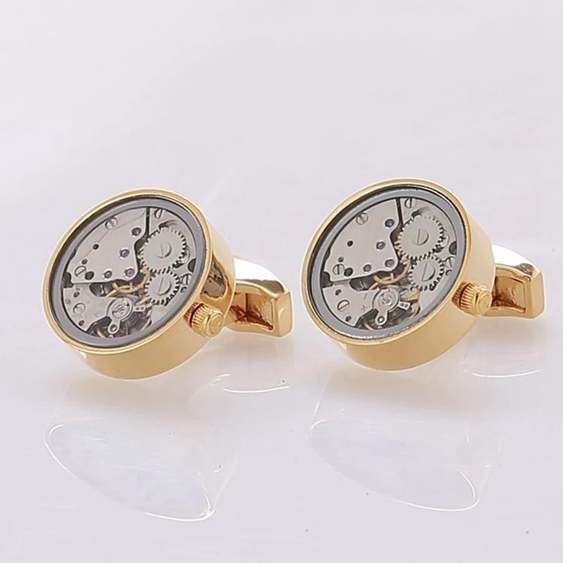 

Hot Sale Men Immovable Watch Cufflinks Round Stainless Steel Steampunk Gear Watch Movement Cuff links With Glass Suits Wedding