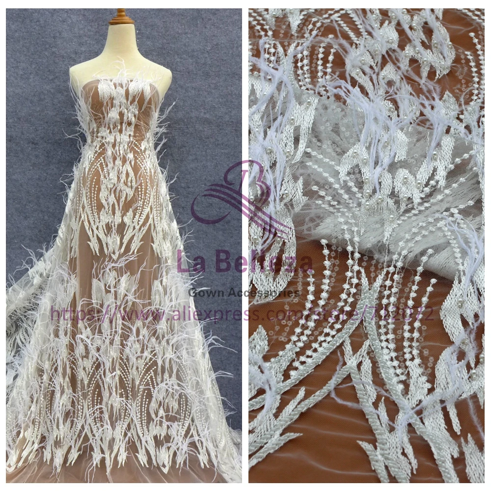 La Belleza Off white handmade beading feather sequins wedding dress lace fabric 51