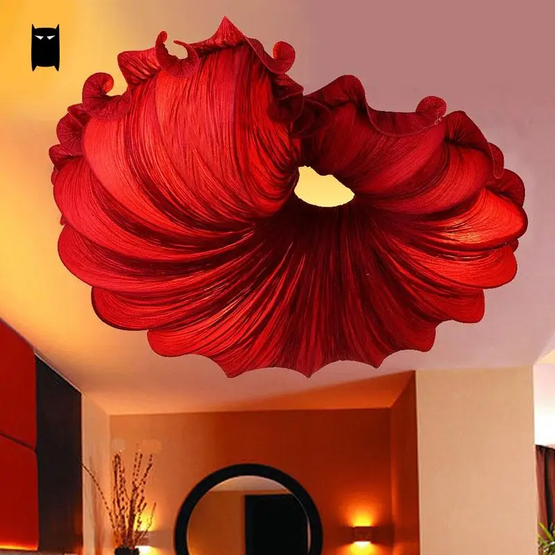 Red Orange Coffee Fabric Flower Shade Ceiling Light Fixture Chinese Romantic Art Decoration Plafon Lamp Lustre Bedroom Designer