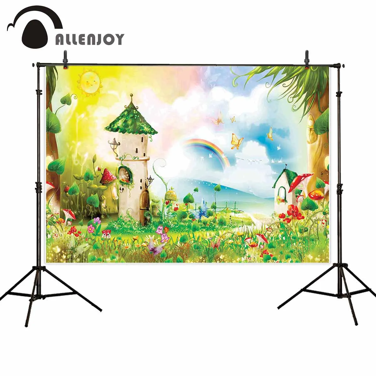 

Allenjoy backdrop for photographic studio magic forest fairy tale cabin rainbow flowers lawn butterfly background photocall