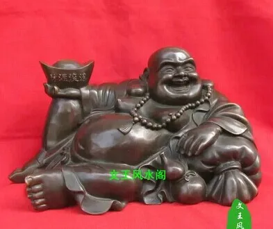 King lying open light copper ingots bronze statue of Maitreya Buddha sack monk Feng Shui Decoration 41cm