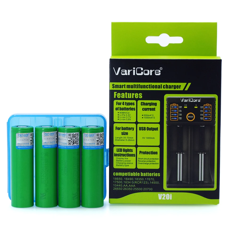 4 pces vtc5a 3.7v 2600mah 18650 li-ion bateria para us18650vtc6 30a lanterna brinquedo ferramentas bateria + 1pcs varicore v20i carregador