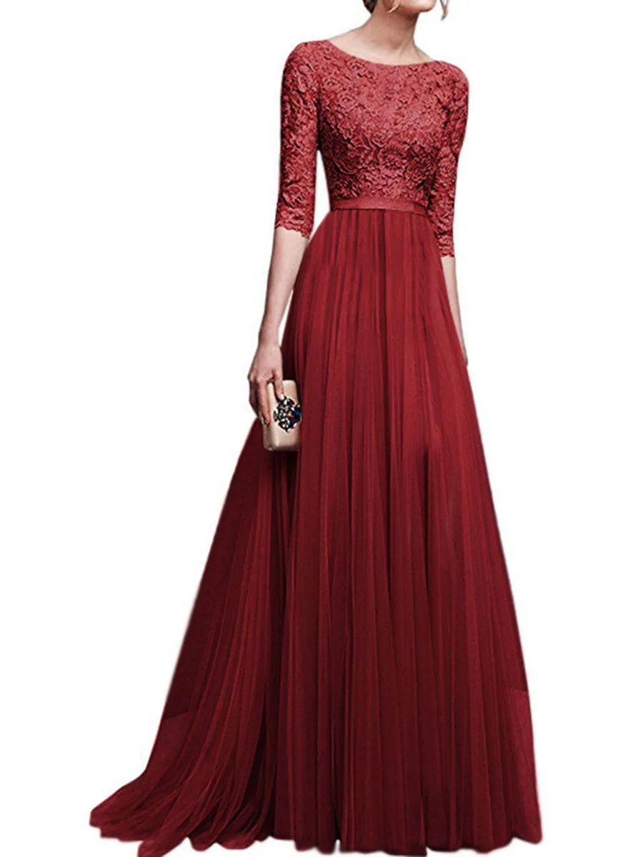 Robe de Soiree Sexy Lace Long Evening Dress Chiffon Evening Party Gowns Embroidery Half Sleeve Formal Prom Dress Abendkleid T014