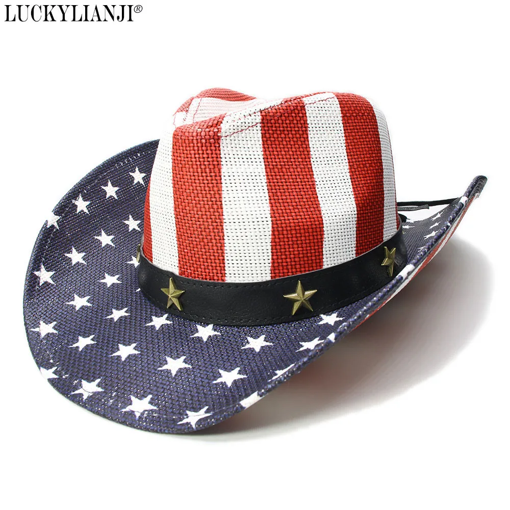 LUCKYLIANJI Women's Men's Unisex's Pentagram Stripes American Flag Wide Brim Straw Sun Beach Western Cowboy Cowgirl Hat (58cm)