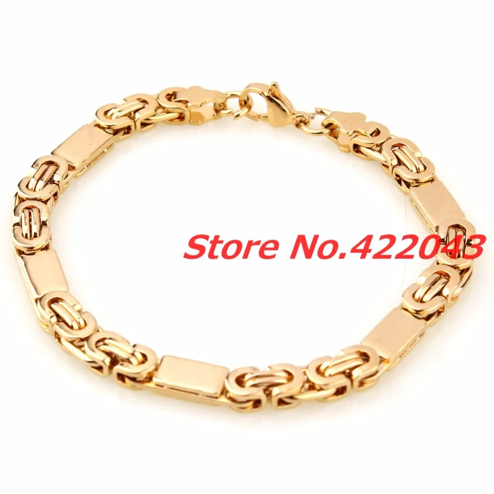 6mmx55cm Necklace + 6mmx22cm bracelet boy Mens Womens Chain Gold Tone Flat Byzantine Link Chain Stainless Steel Jewelry