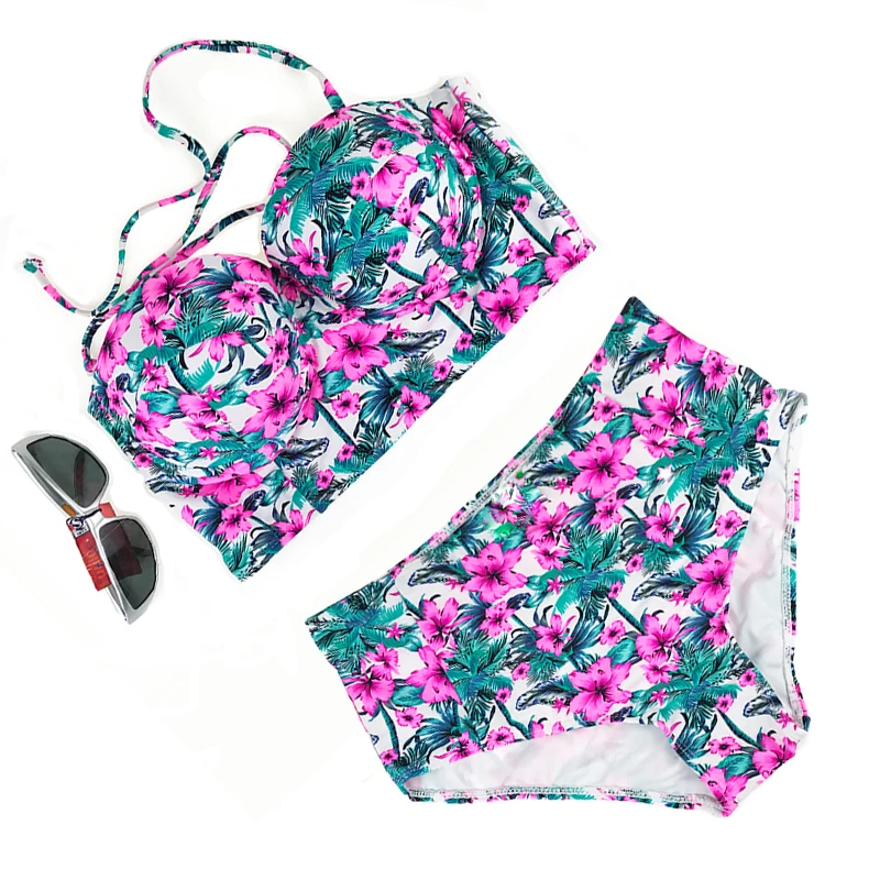 

Sexy Floral Print High Waist Swimsuit Bikini Push Up Swimwear Women Vintage Biquini Bathing Suit Maillot de Bain Femme XXL