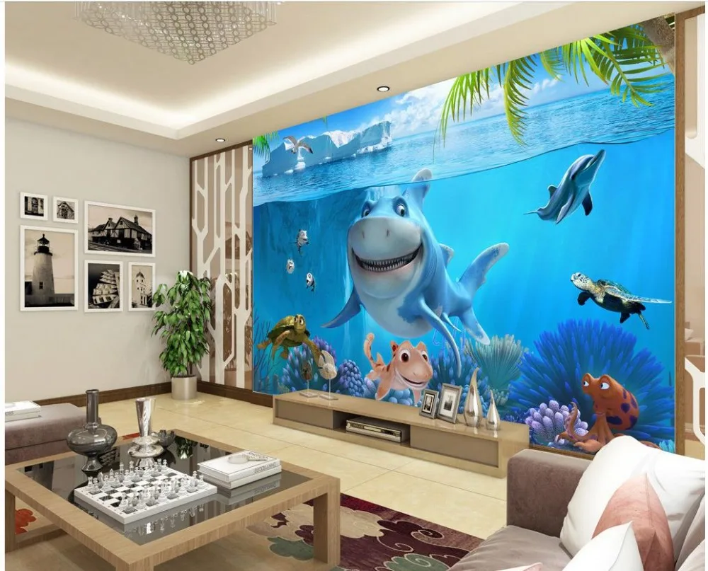 

3D stereoscopic underwater world Sharks custom photo wallpaper photo mural wallpaper Home Decoration