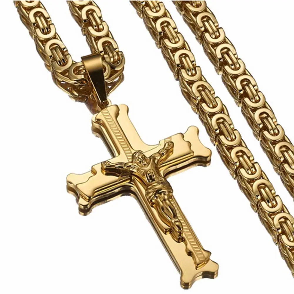 High Quality Gold Jesus Cross Men\'s Jewelry Stainless Steel Chain Byzantine Necklace Christian Crucifix Jewelry Christmas Gift