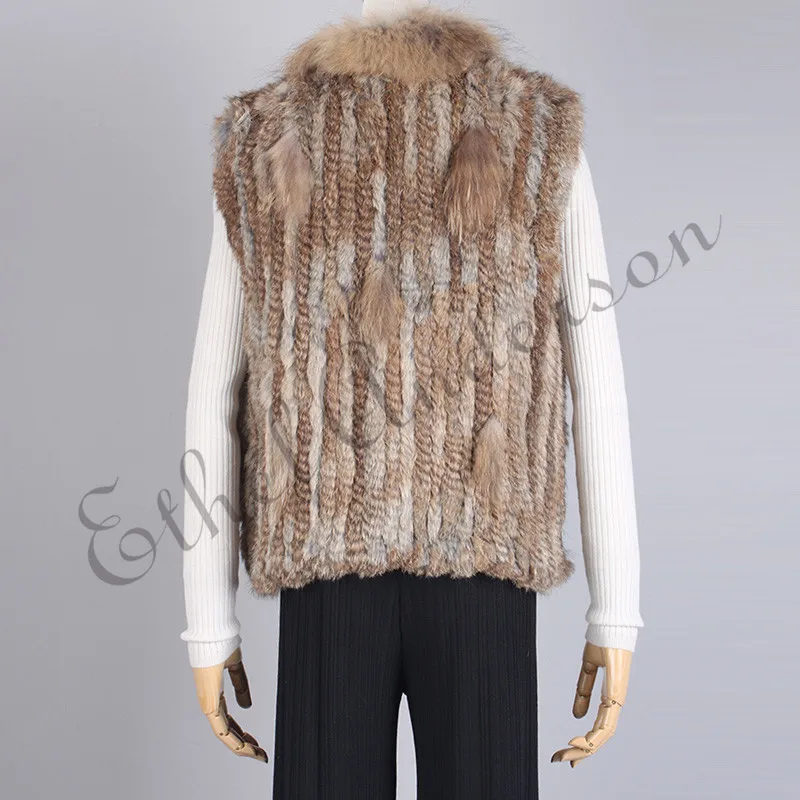 ETHEL ANDERSON Women's Genuine Handmade Knitted Rabbit Fur Vest Fur Collar Gilet Waistcoat for Spring Grass Grey Black Yellow