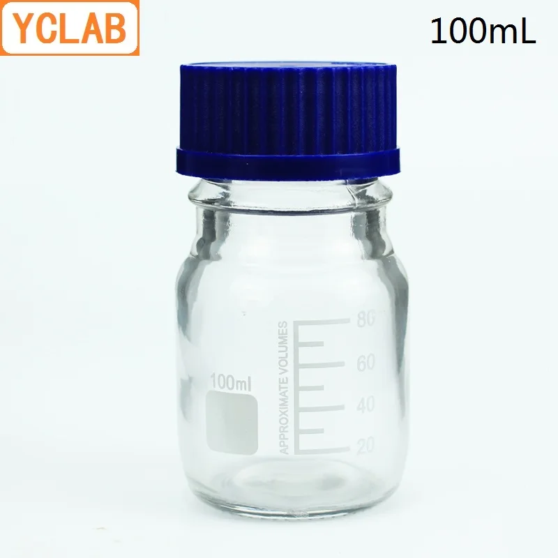 YCLAB 100mL Reagent Bottle Screw Mouth with Blue Cap Transparent Clear Glass Medical Laboratory Chemistry Equipment