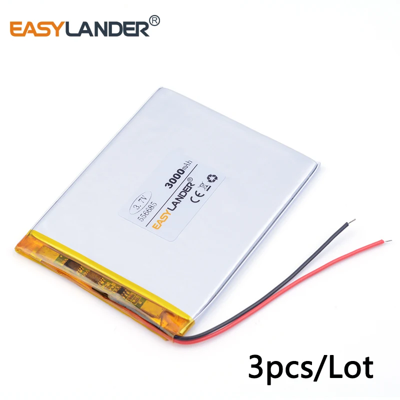 

3pcs /Lot 3000mah 556685 3.7v lithium Li ion polymer rechargeableFor MP4 MP5 GPS PAD DIY PSP Mobile Pocket PC E-books Video game