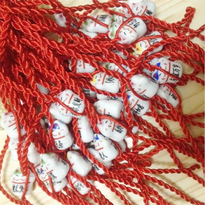 10PCS/Lot Ceramic Lucky Cat Red String, Chinese Style Red String, Chinese Red String For Kids ,Best Holiday DIY Gift For Child