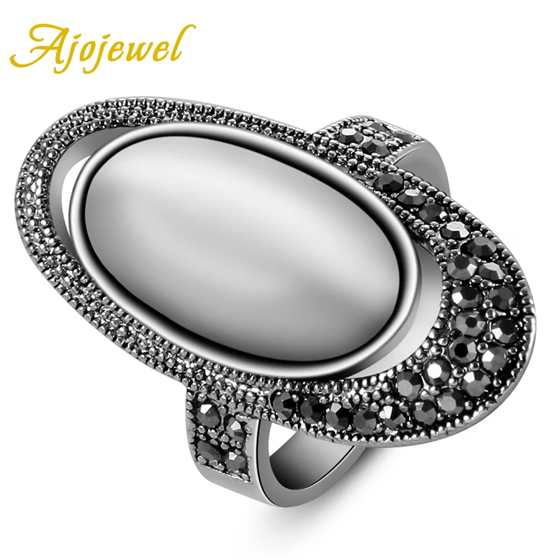 Hot Selling Ajojewel Brand Fashion Accessories Ancient Way Retro Vintage Black CZ White Opal Jewelry Rings For Women