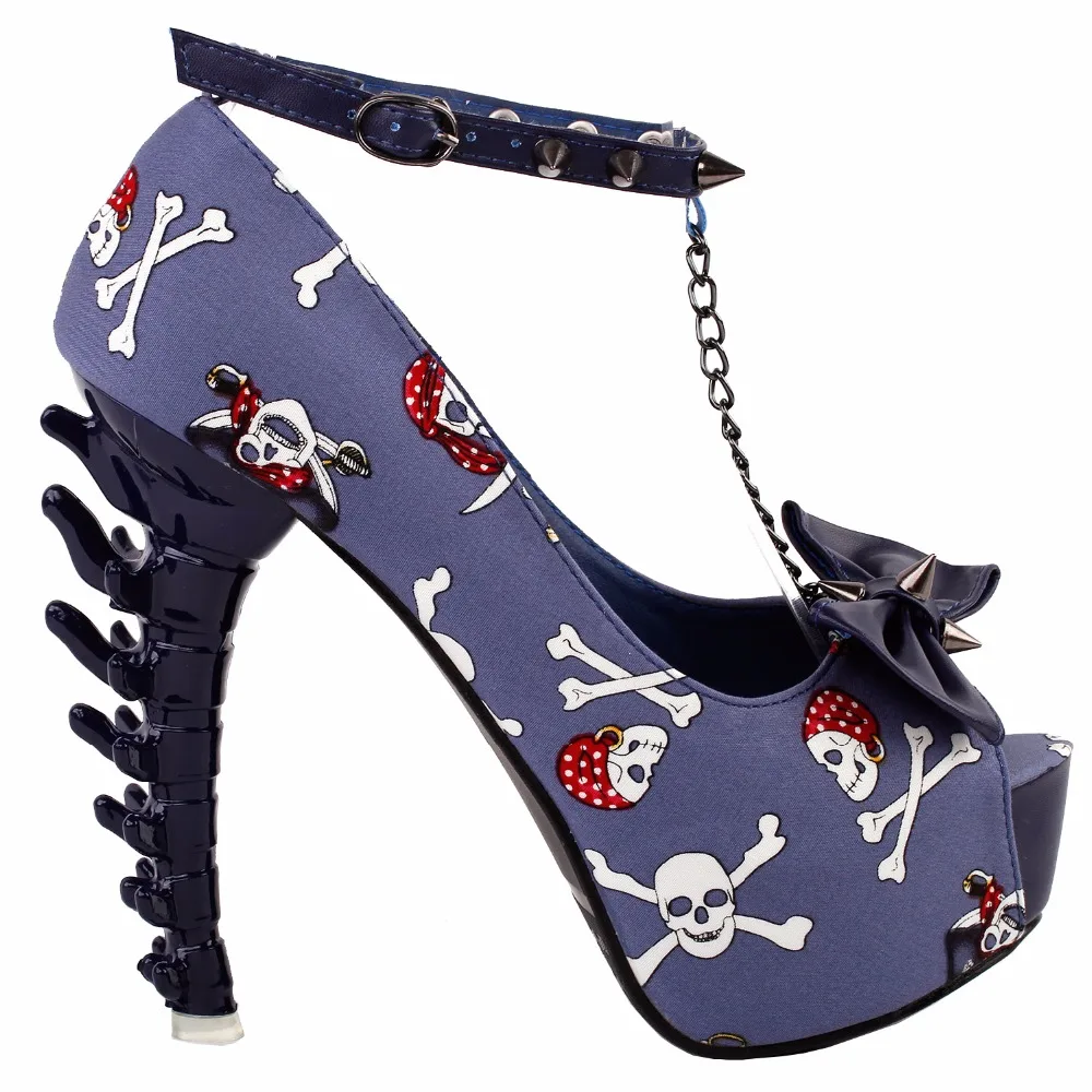 LF80631 Beige Skull Rose Print Studs Chain Peeptoe Bone Heel Pumps Size  4/5/6/7/8/9/10