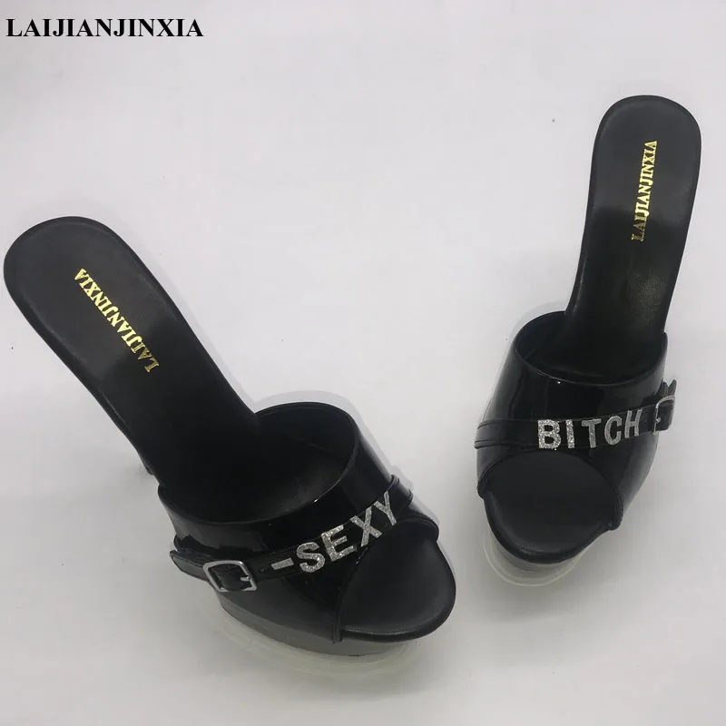 LAIJIANJINXIA New Sexy Nightclub Women Wedding Party Shoes Black Dancing Shoes 15cm High Heels Thick Platform Slippers