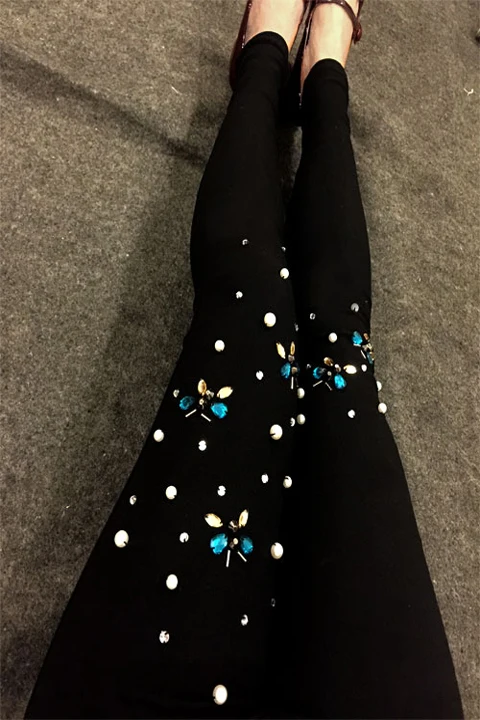 Spring summer national rivet rhinestone  leggings women butterfly thin pockets feet skinny pants