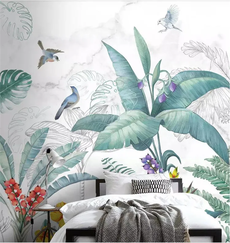 

Custom wallpaper Nordic hand-painted small fresh tropical plants flowers and birds TV sofa background 3d wallpaper