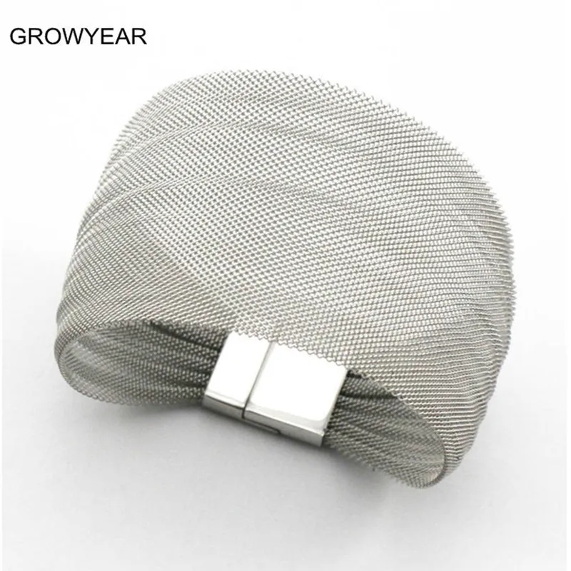 Stainless Steel Mesh Bangle Wide Metal Silver Color Mesh Bracelet Women Casual Bangle Bracelet 1 Piece