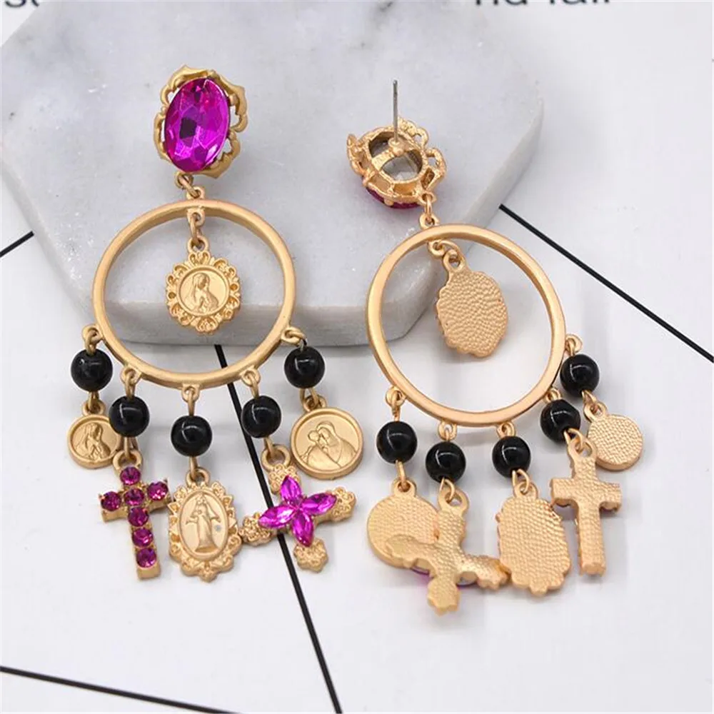 Fashion Hot Pink Rhinestones Baroque Retro Earrings Jewelry European Fashion Cross Drop Women Big Baroque Earring Jewelry