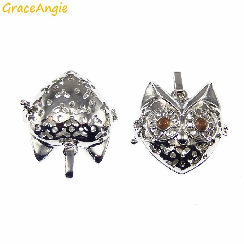 GraceAngie 1PCS White K Copper Plated Zinc Alloy Owl Shape Cage Locket Perfume Essential Necklace Pendant Charms Jewelry