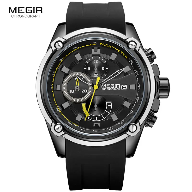 

MEGIR Top Brand Sports Quartz Watches for Men Chronograph Wristwatch Man Relogios Masculino Silicone Strap 3atm 2086 Black