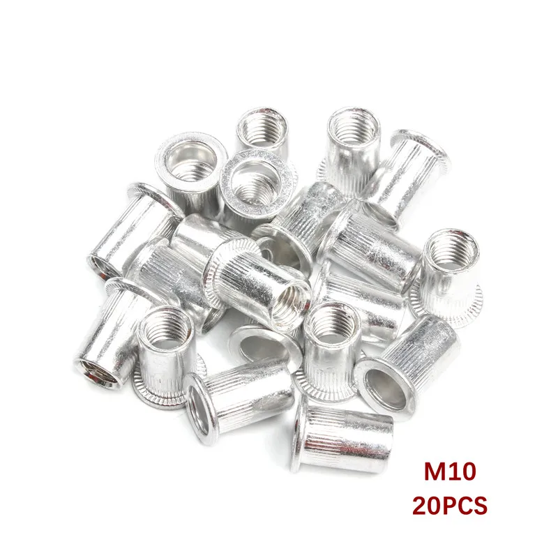 20Pcs/Set Aluminum Alloy Rivet Nut Flat Head Threaded Rivet Insert Nut Insert Reveting Nut Rivnut Assortment Kit M3/4/5/6/8/10