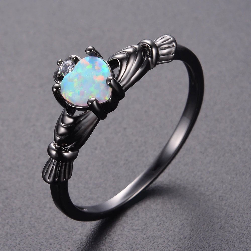 KNOCK  high Charming Heart Shape Fire Opal Rings For Women Wedding Band Vintage Black  Filled White  Ring