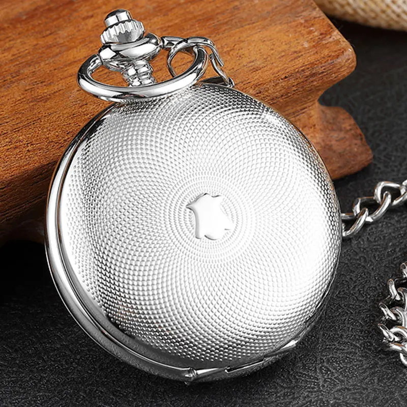 Silver Stainless Steel Vintage Mechanical Pocket Watch Stripe Engraved Double Side Case Skeleton Fob Watch Steampunk Men Women