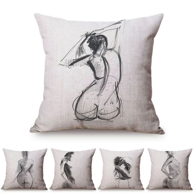 Black and White Sexy Woman Sketch Painting Art Decorative Throw Pillow Case Senior Restaurant Museum Gallery Sofa Cushion Cover