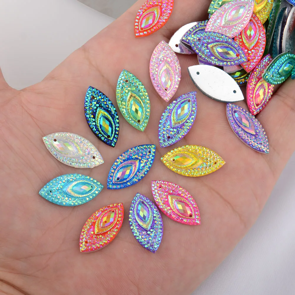 BOLIAO 20Pcs 11*22 mm(0.43*0.87 in) AB Color Horse eye Shape Mix Resin Rhinestone Flatback Sew On Clothes/Handmade Art Work