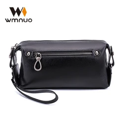 Wmnuo-Bolso de mano de cuero genuino para hombre, billetera larga con cremallera para tarjetas de crédito y teléfono, monedero Masculino