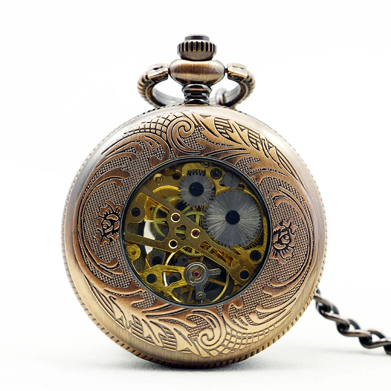 SHUHANG Red Sun Hollow Design Mechanical Pocket Watch Vintage Fob Chain Necklace Bracelet Pendant Clock Men's Best Gift
