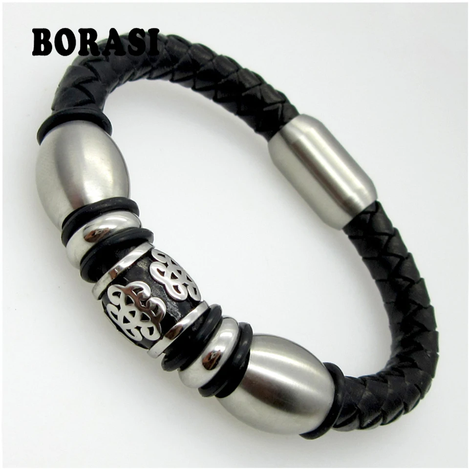 New Arrival Launch Men's Fashion Accessories Stainless Steel Mix Leather Bracelets Rock Style Jewelry Bracelet