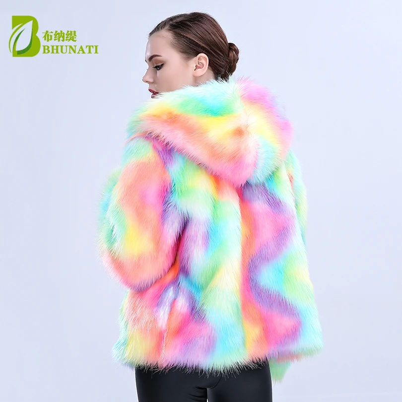 new arrival Women Colorful Faux Fox Fur Coat with Hooded Multicolor Long sleeve Artificial Fur Coats Jacket