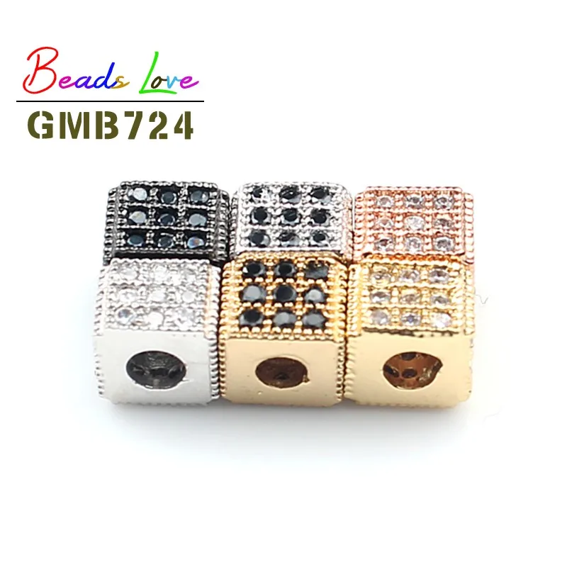 3pcs/lot 6*5mm Metal Micro Pave CZ Crystal Beads Square Shape Copper Spacer Beads for Jewelry Making DIY Charm Men Bracelets