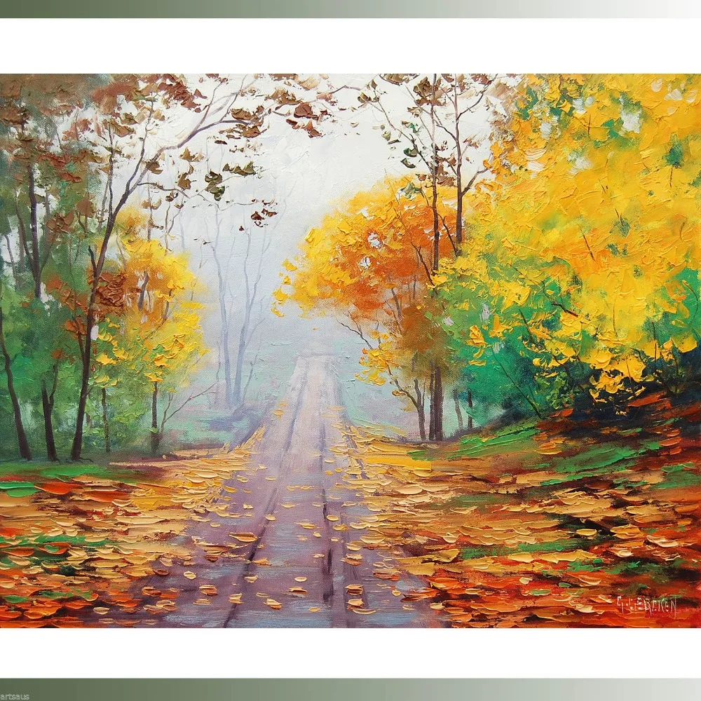 

Landscape Modern Oil Painting Wall Decor Art On Canvas Autumn Fall Painting Yellow Trees Palette Knife Picture Handpainted