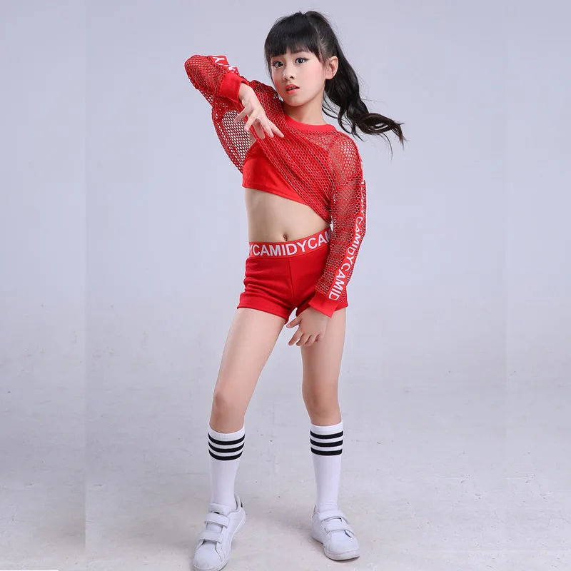 Girls Red Cool Ballroom Jazz Hip Hop Dance Costume stage dance wear Tank Tops Shorts Net Blouse for Kid Dancing Clothes Outfit