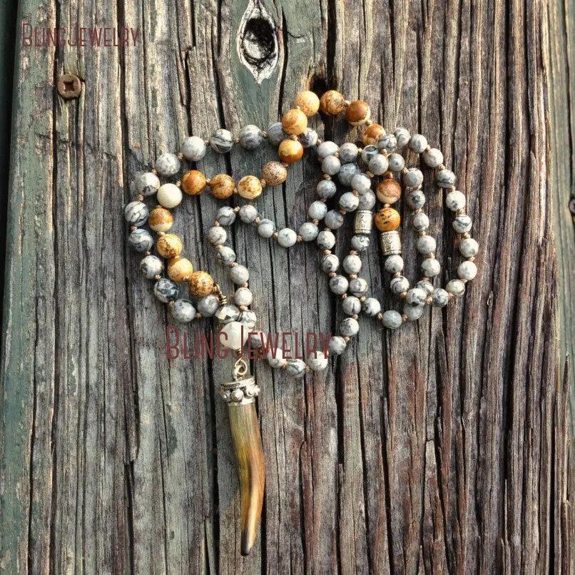 Rustic Bone Horn Boho chic Knot Picture Jaspers Gray Beads Necklace Hand   NM20619