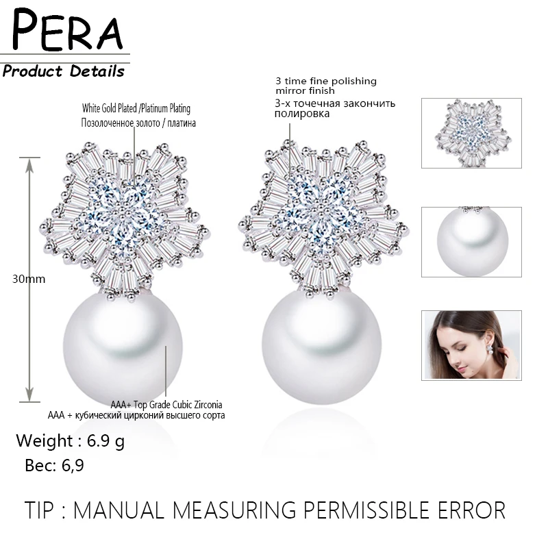 Pera Noble Design CZ Brand Jewelry Big Freshwater Simulated Pearl Long Drop Bridal Wedding Party Earrings for Brides E027