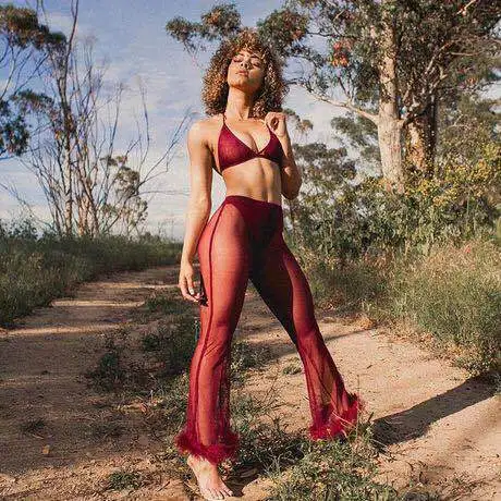 2023 Sexy Women Sheer Mesh Wide Leg Pants See Through Transparent Faux Fur Trim Pants High Waist Full Night Club Wear Trousers