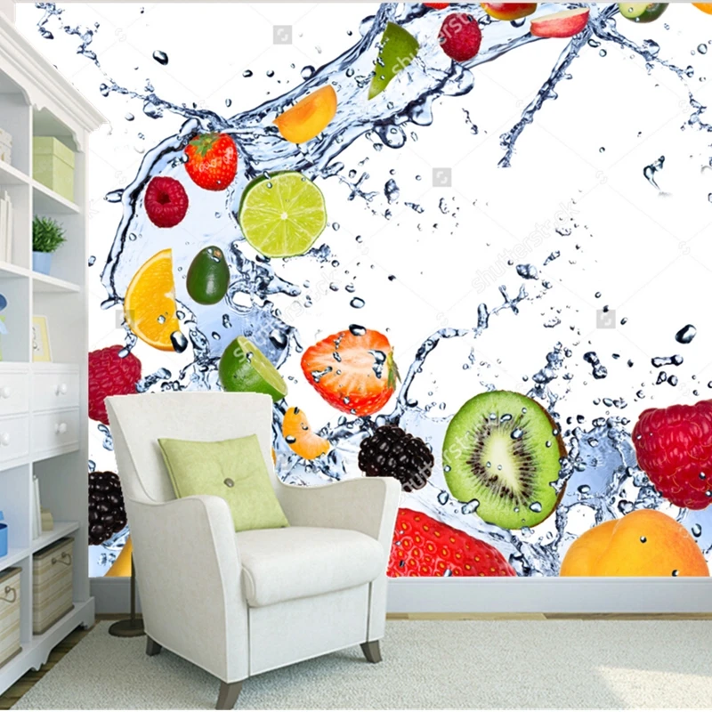 Fruit wallpaper,Fresh fruits falling in water splash,3D modern  for kitchen dining room cafe shop background wall silk mural