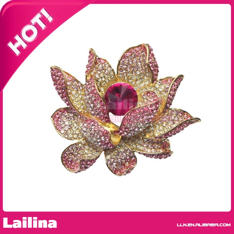 

100pcs/lot Free Shipping Lotus Flower Brooch With Pink Crystal Rhinestone Petal Gold-Tone Brooch Pin