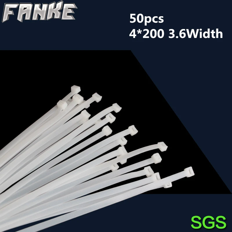 50Pcs/pack 4*200mm high quality width 3.6mm White color National Standard Self-locking Plastic Nylon Cable Ties,Wire Zip Tie