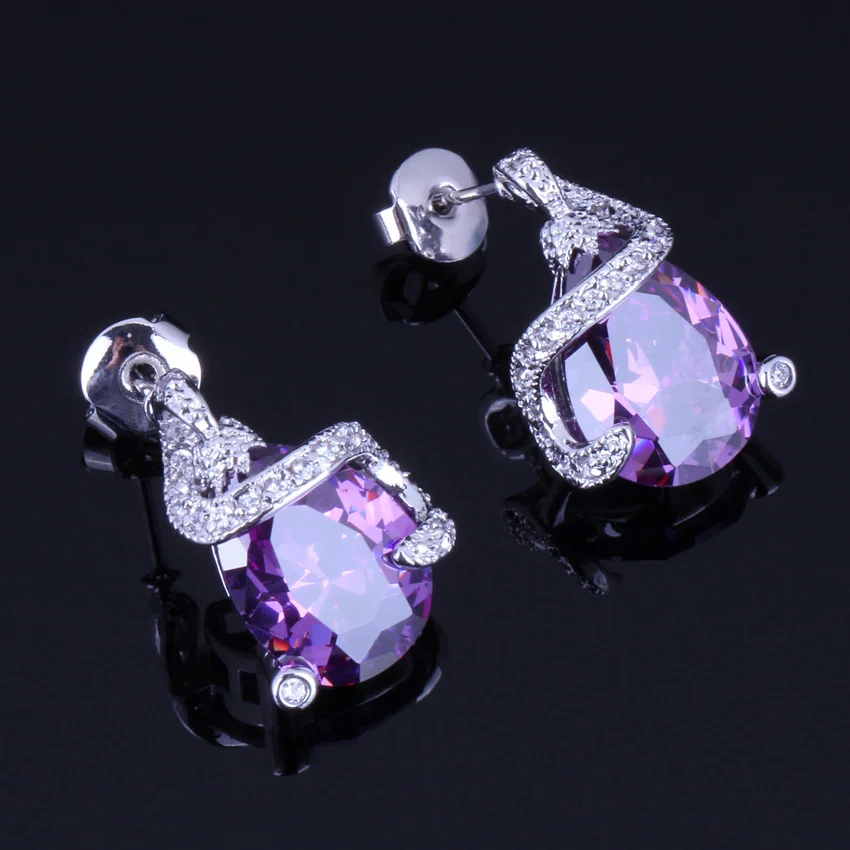 Enchanting Purple Cubic Zirconia Silver Plated Jewelry Sets Earrings Pendant Chain Ring V0239