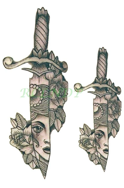 Waterproof Temporary Tattoo Sticker dagger knife with beautiful flowers tatto stickers flash tatoo fake tattoos for girl women