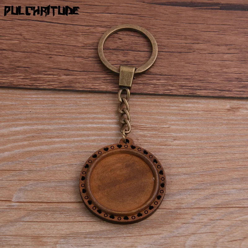 2pcs Round Wood Cabochon Settings Metal Keyring Accessories Diy Blank Wooden Base Trays For Bronze Key Chain