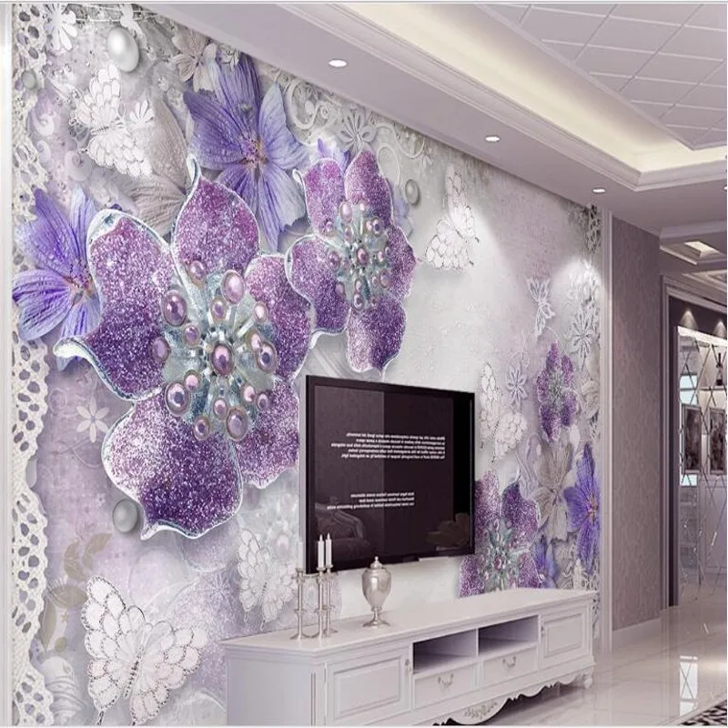 

beibehang Custom large fresco noble gorgeous purple European flowers 3d stereo TV backdrop nonwovens wallpaper papel de parede