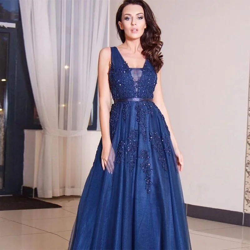 Elegant V-neck Navy Blue Evening Dress Sleeveless Appliques Beading Vestido De Noite Women Formal Evening Party Gown Sweep Train