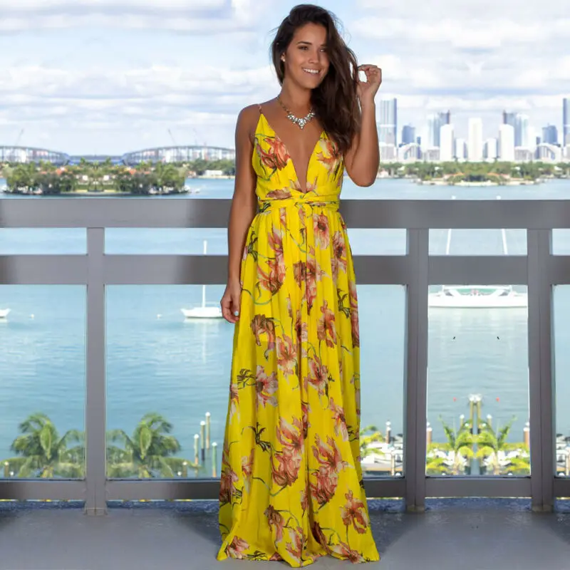 Robe longue à fleurs Style Boho pour femmes, col en V, taille haute, fente latérale, vacances, été, 2019