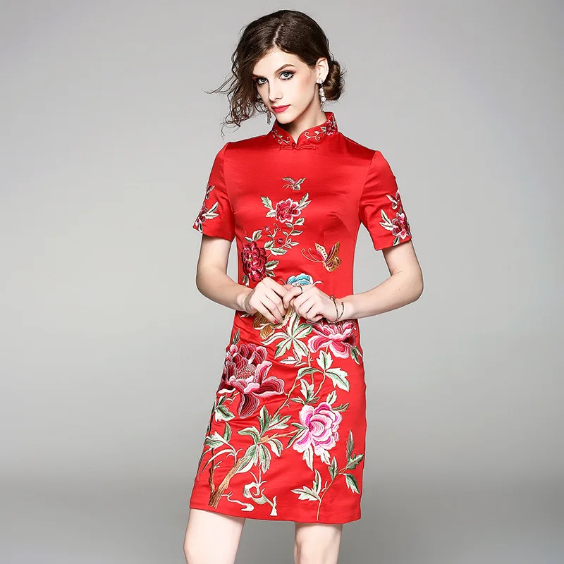 New Satin Women's Sleeveless Sexy Qipao Dress Chinese Style Mandarin Collar Formal Short Flower Cheongsam M L XL XXL